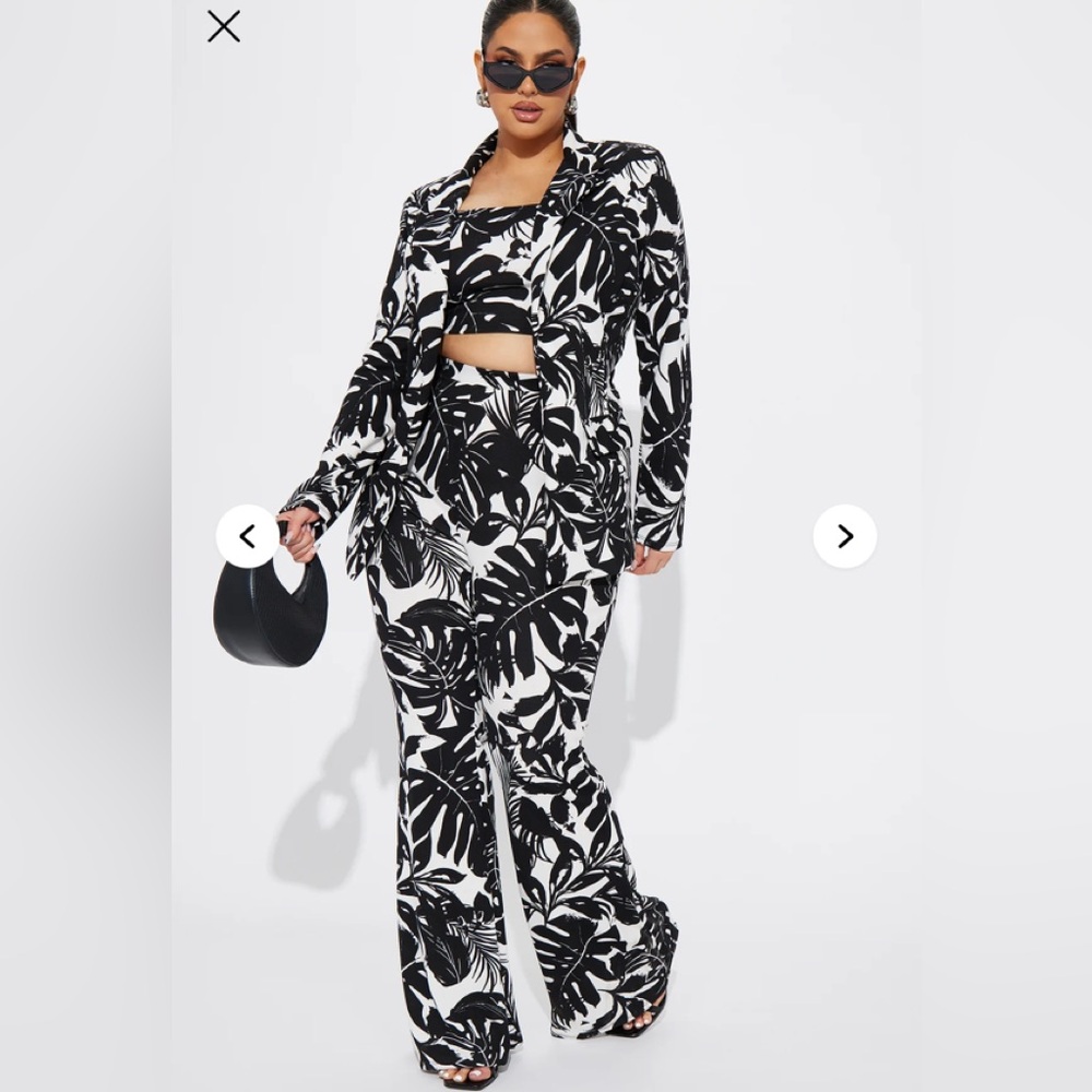 Tropical Vibe 3 Piece Pant Set - Black/White High-Rise Leaf Print Flared Pants - Picture 3 of 5